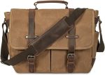 Vintage Genuine Leather Waxed Canvas Briefcase Large Satchel Shoulder Bag Rugged Computer 15.6" Laptop Bag