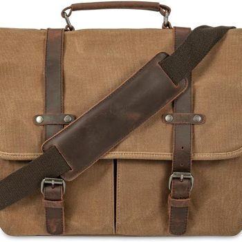 Vintage Genuine Leather Waxed Canvas Briefcase Large Satchel Shoulder Bag Rugged Computer 15.6" Laptop Bag
