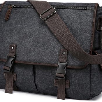 Vintage Canvas Messenger Bag 15.6 Inch Laptop Shoulder Bag for Men Women, College Computer Travel Office Briefcases, Black